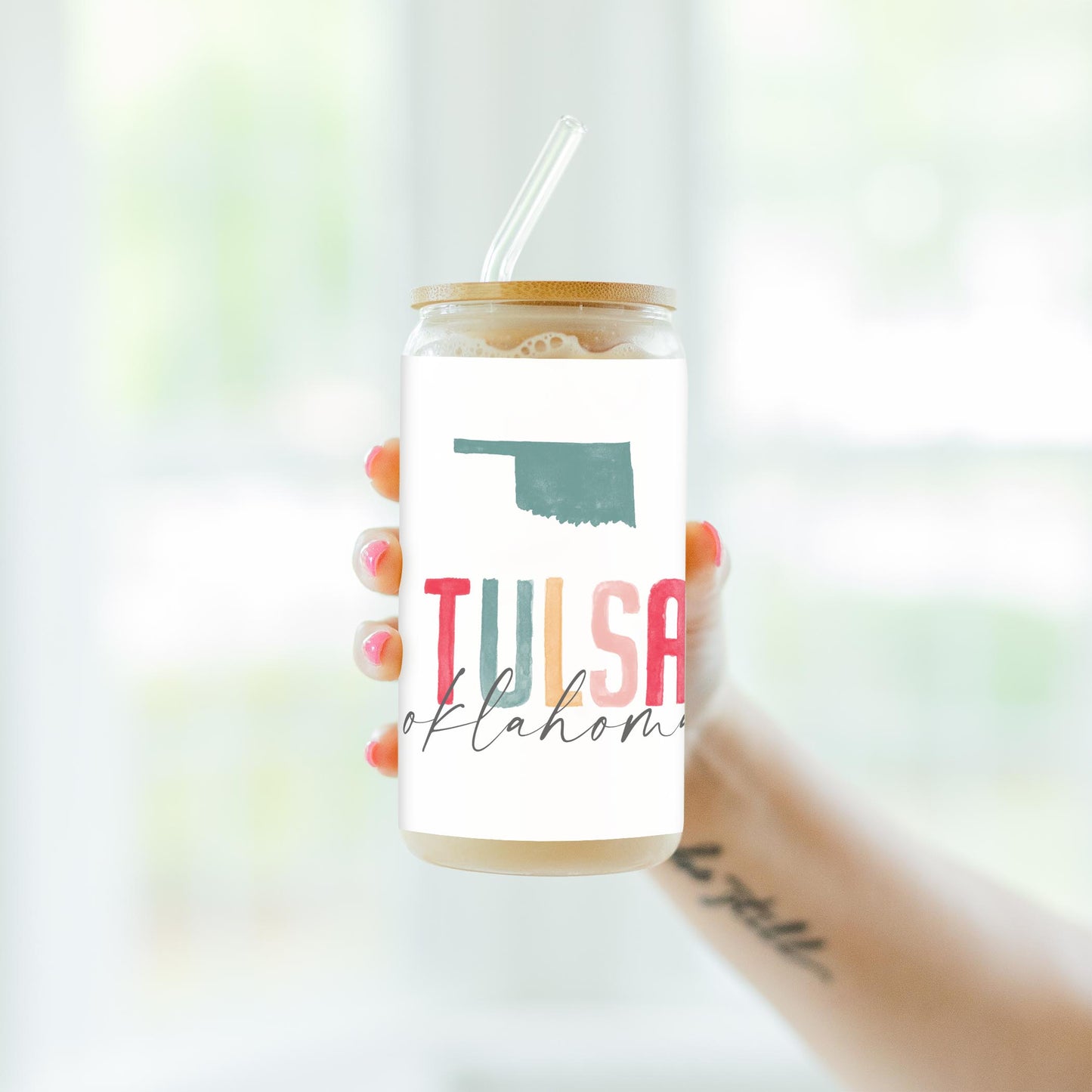 16oz Cold Brew Glass-Watercolor City Tulsa Oklahoma -4
