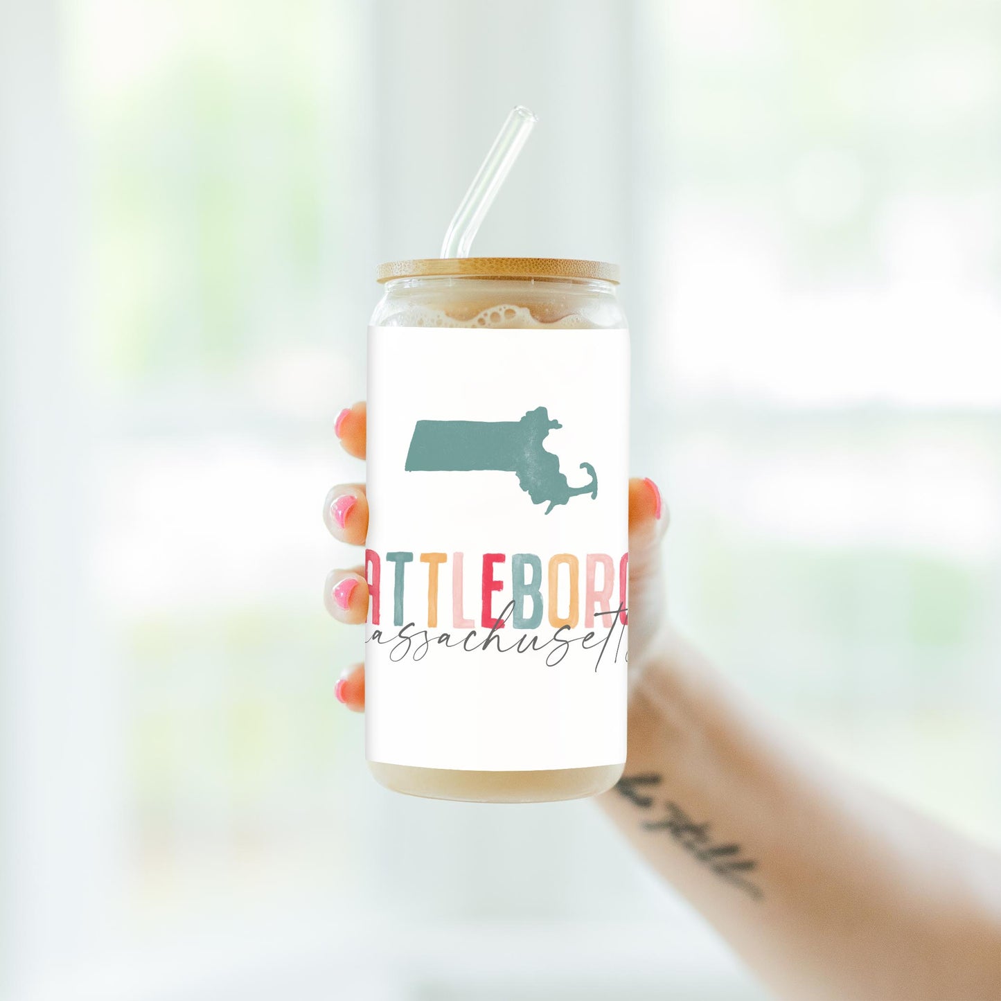 16oz Cold Brew Glass-Watercolor City Attleboro Massachusetts -4
