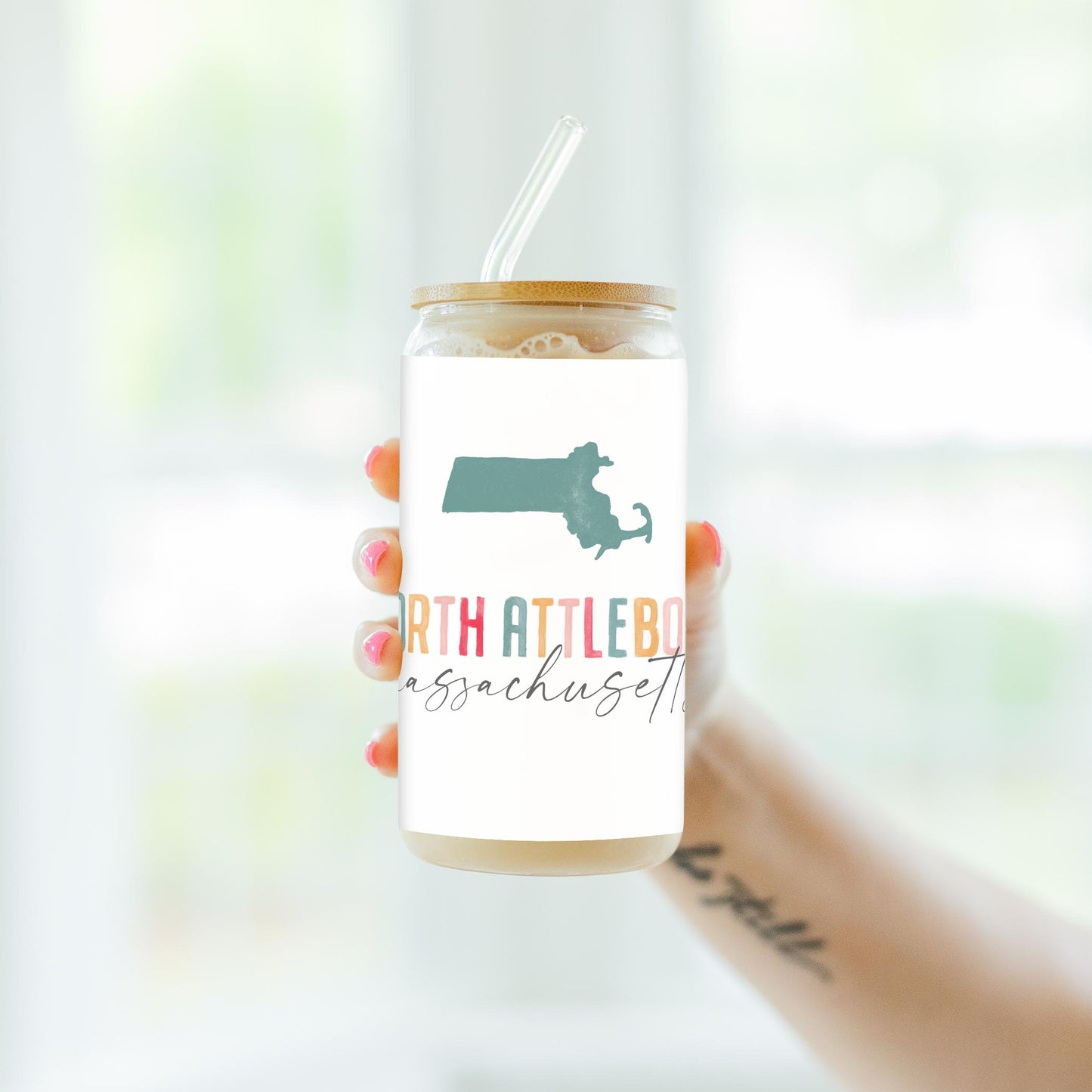 16oz Cold Brew Glass-Watercolor City North Attleboro Massachusetts -4