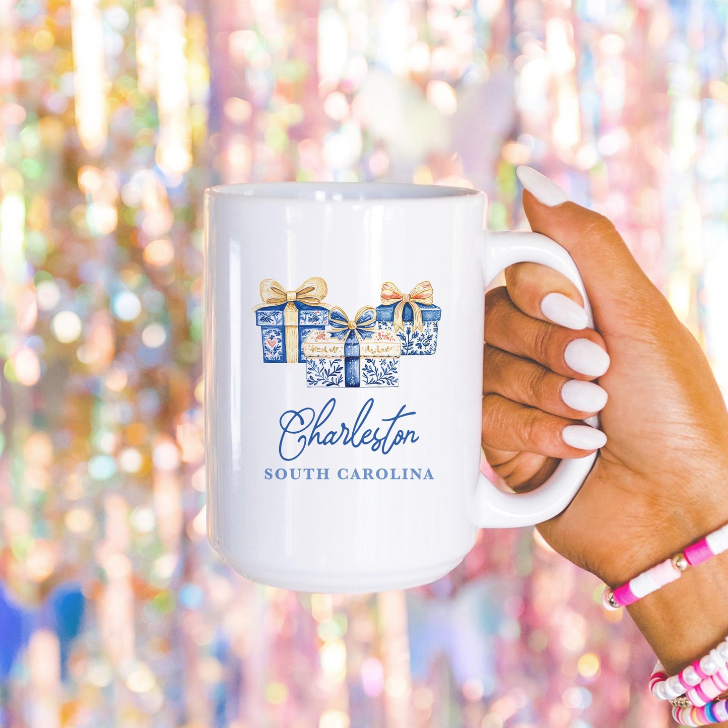 15oz Coffee Mug White-Love+Local Blue Noel - A Grand Millennial Christmas
