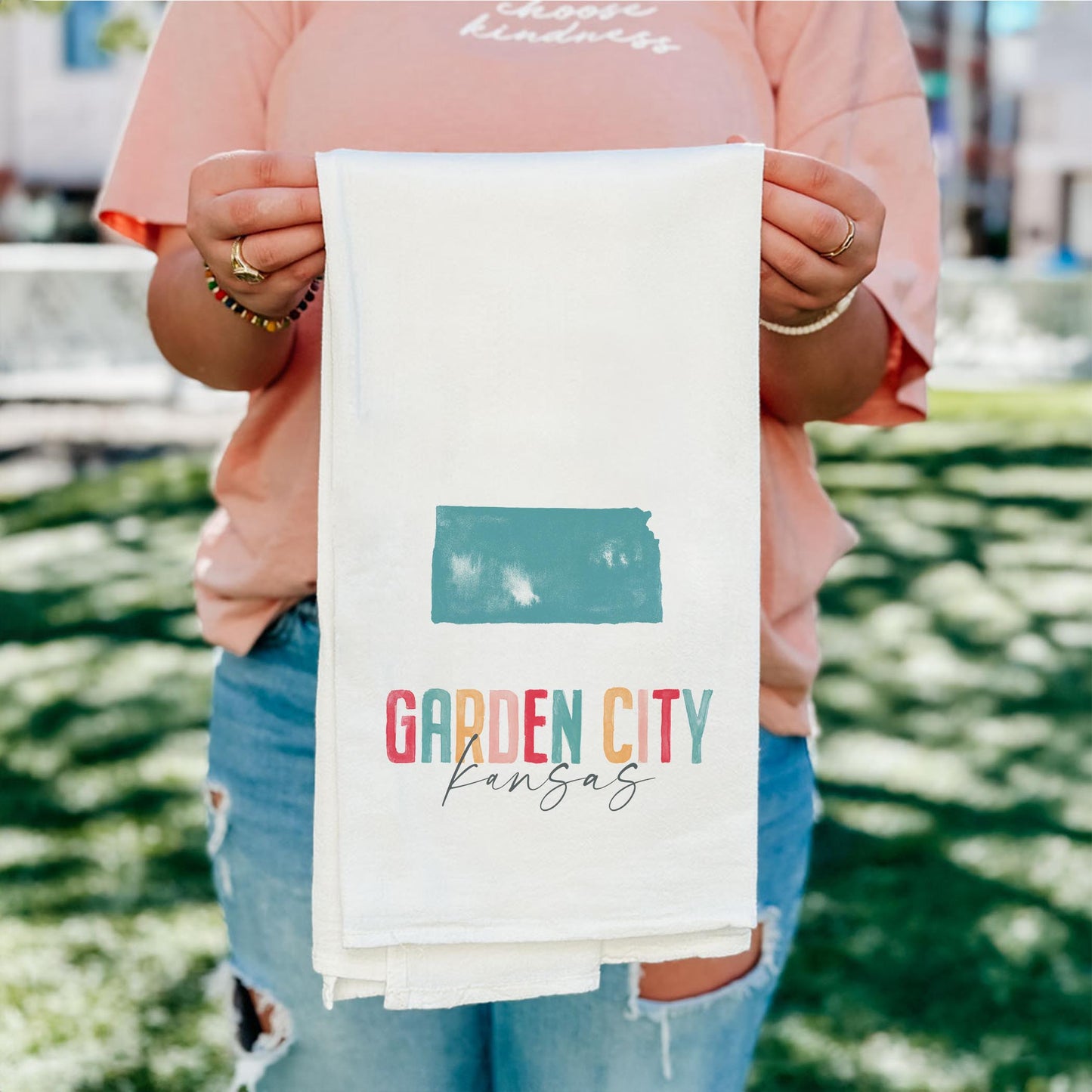 Cotton Tea Towel White-Watercolor City Garden City Kansas -4