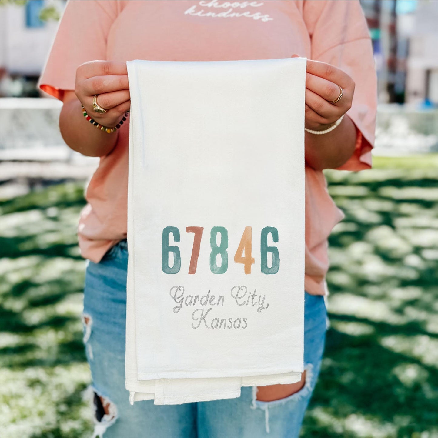 Cotton Tea Towel White-Watercolor City Garden City Kansas 67846 (Nature Walk) -4