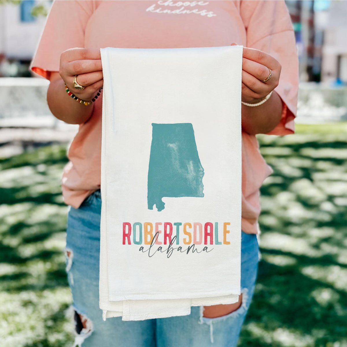Cotton Tea Towel White-Watercolor City Robertsdale Alabama -4