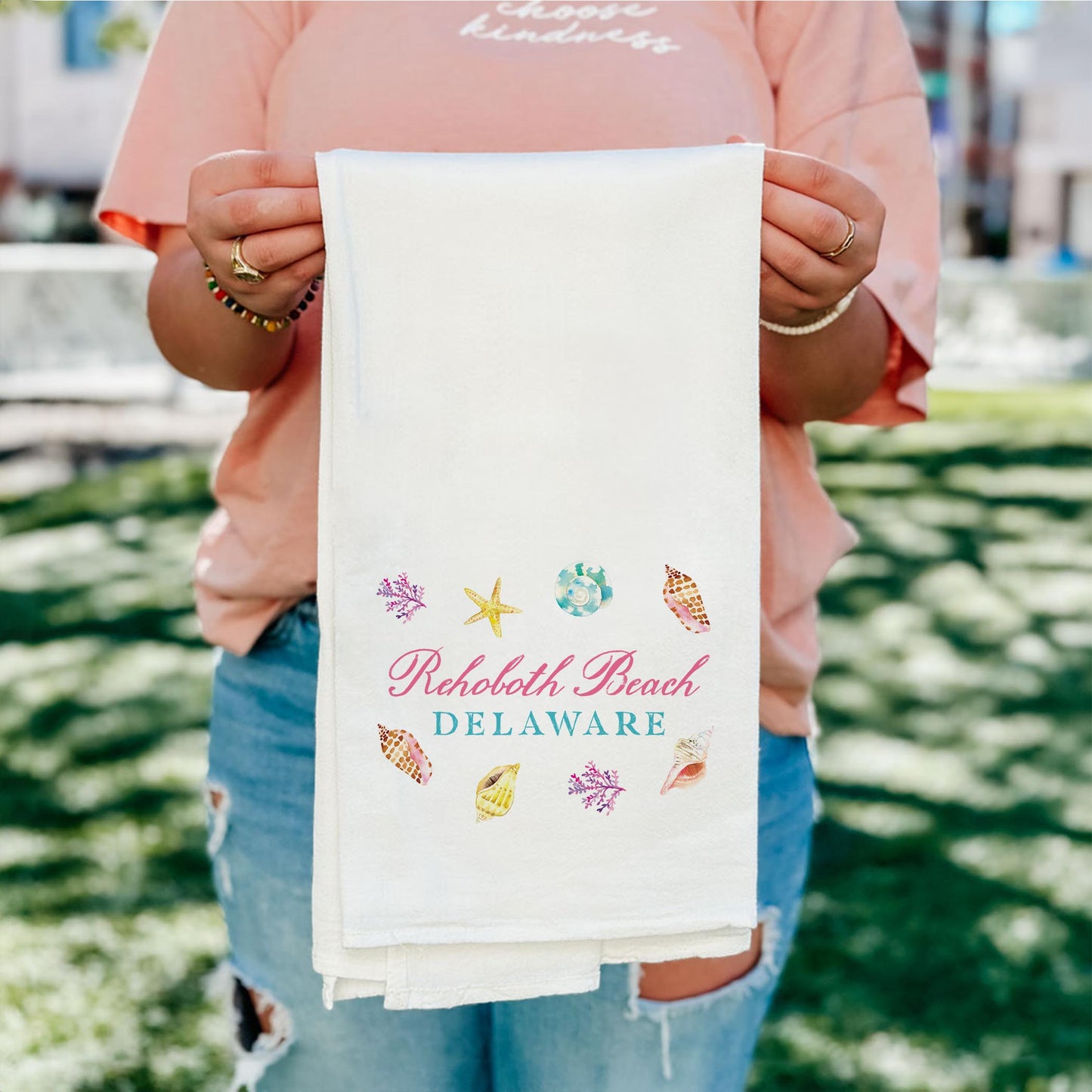 Cotton Tea Towel White-Shells & Shoreline Rehoboth Beach Delaware -4