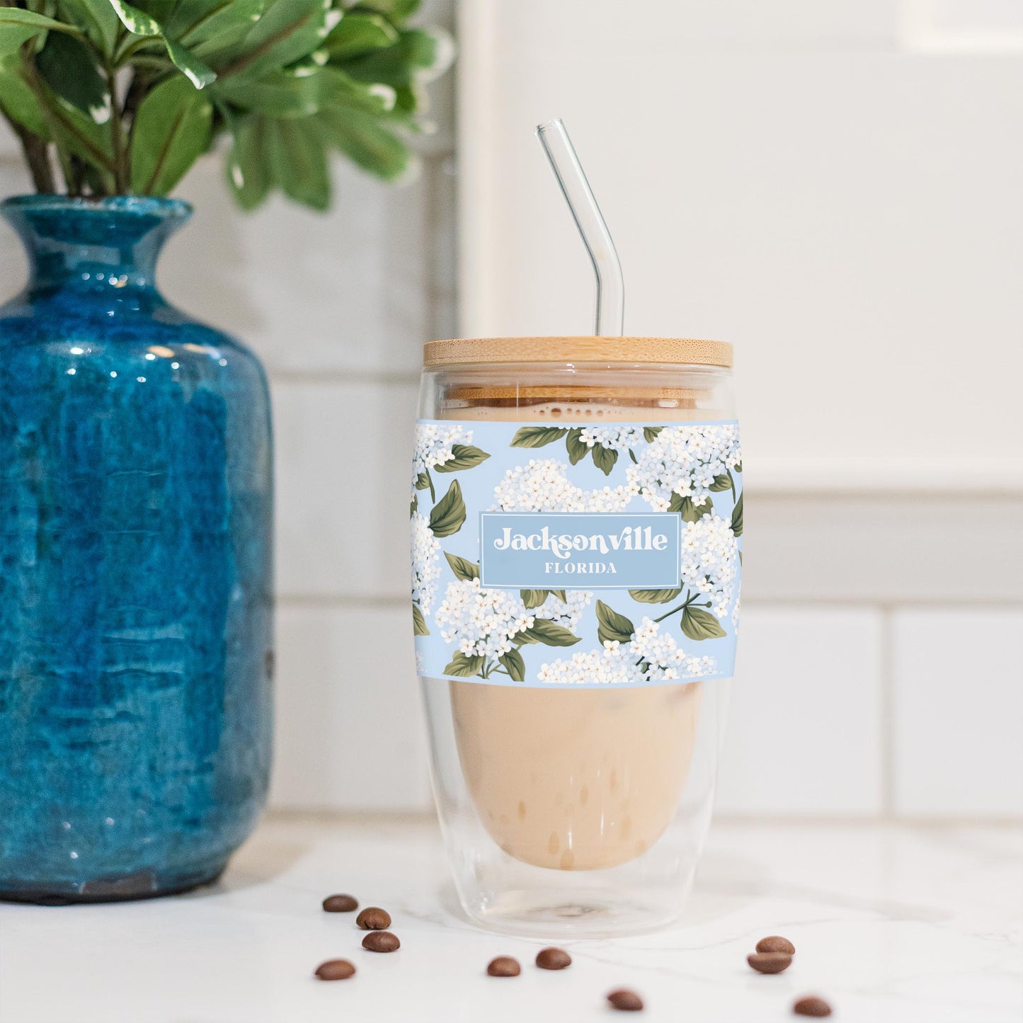 16oz Double Insulated Glass Tumbler-Love+Local Hydrangea Cottage -4