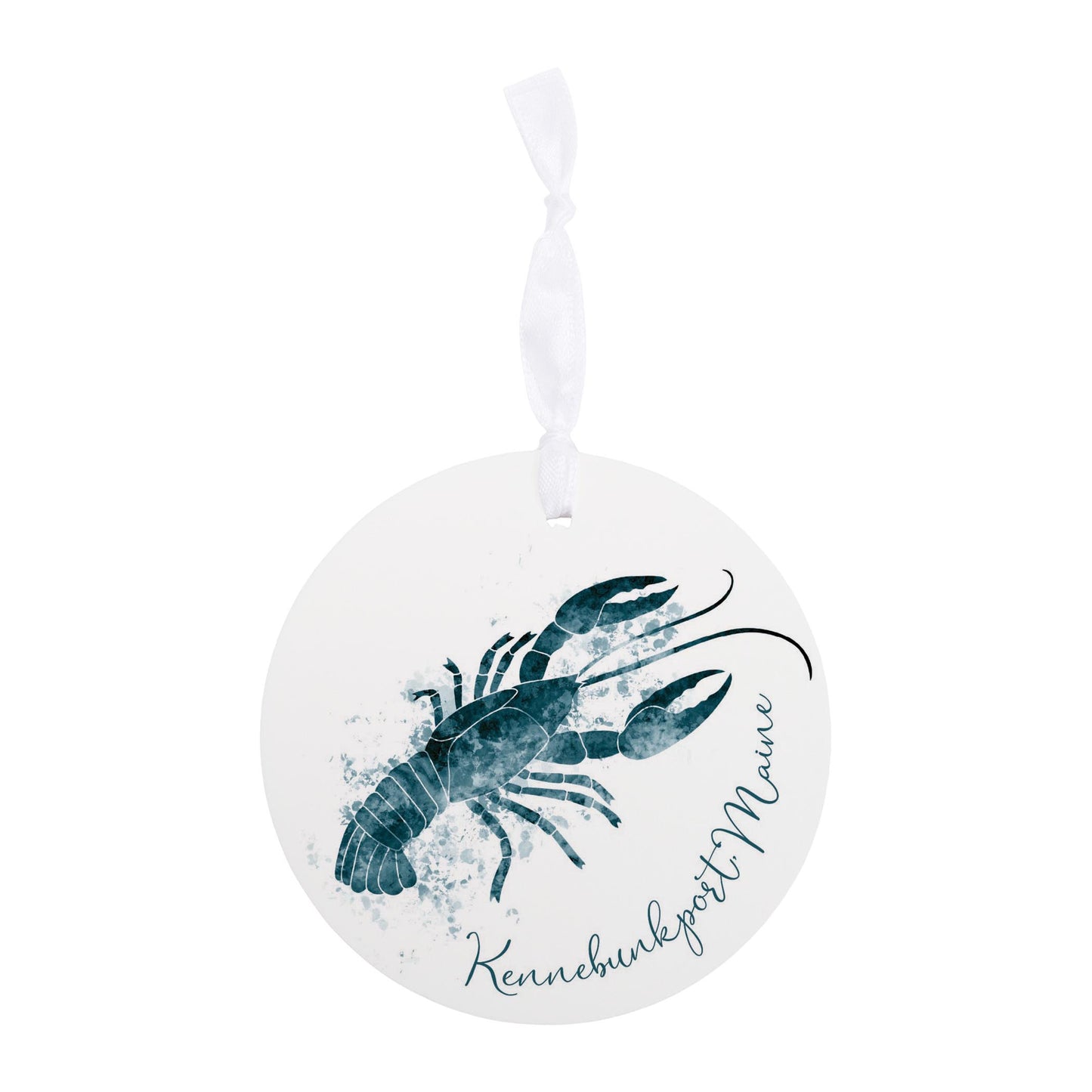 4" Round Ornament White Ribbon-Watercolor Crawfish Kennebunkport Maine -0