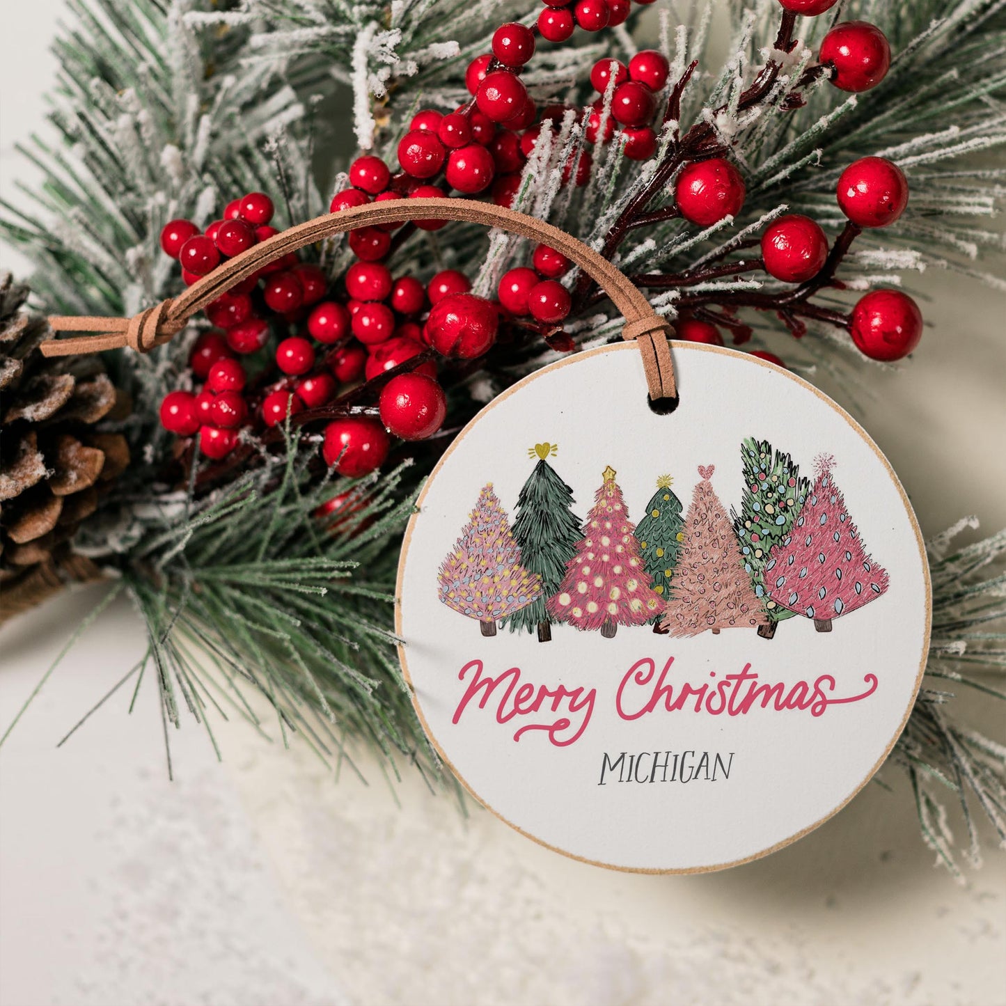 4" Round Ornament-Pink Trees Michigan