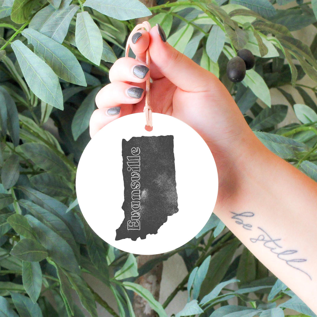 4" Round Ornament-Black Chalk State Evansville Indiana -4