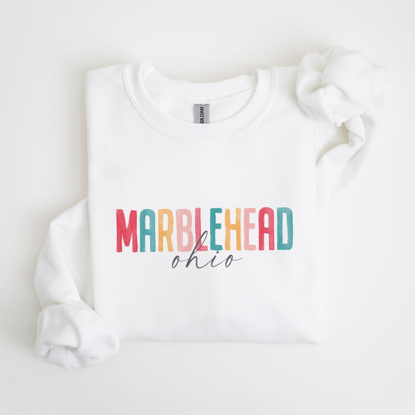 Gildan Sweatshirt White-Watercolor City Marblehead Ohio -4