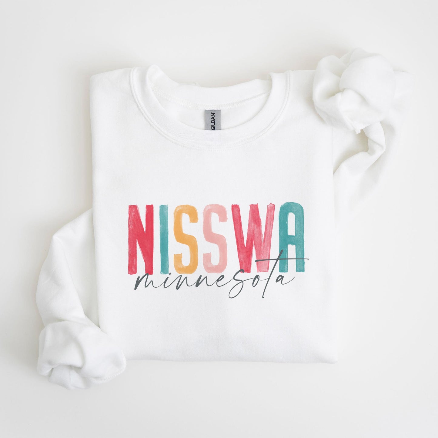 Gildan Sweatshirt White-Watercolor City Nisswa Minnesota -4