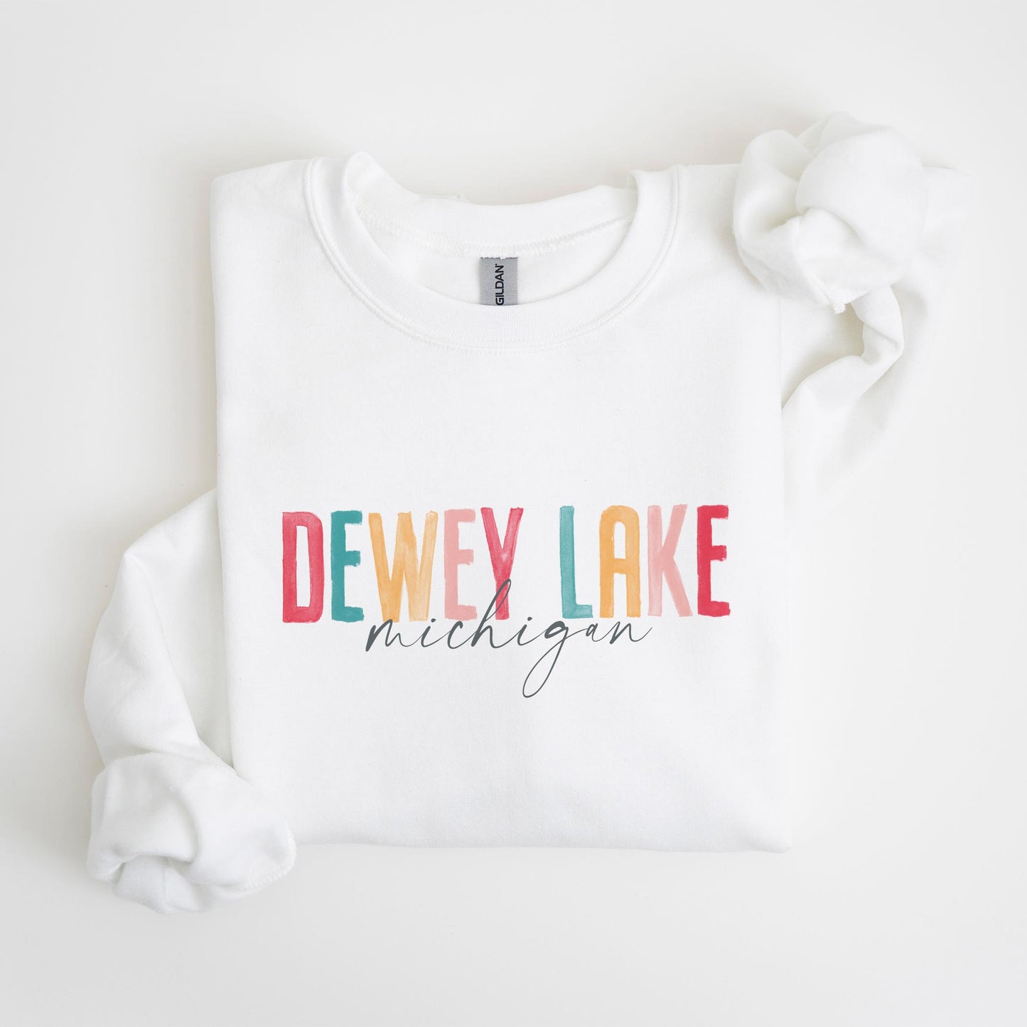 Gildan Sweatshirt White-Watercolor City Dewey Lake Michigan -4