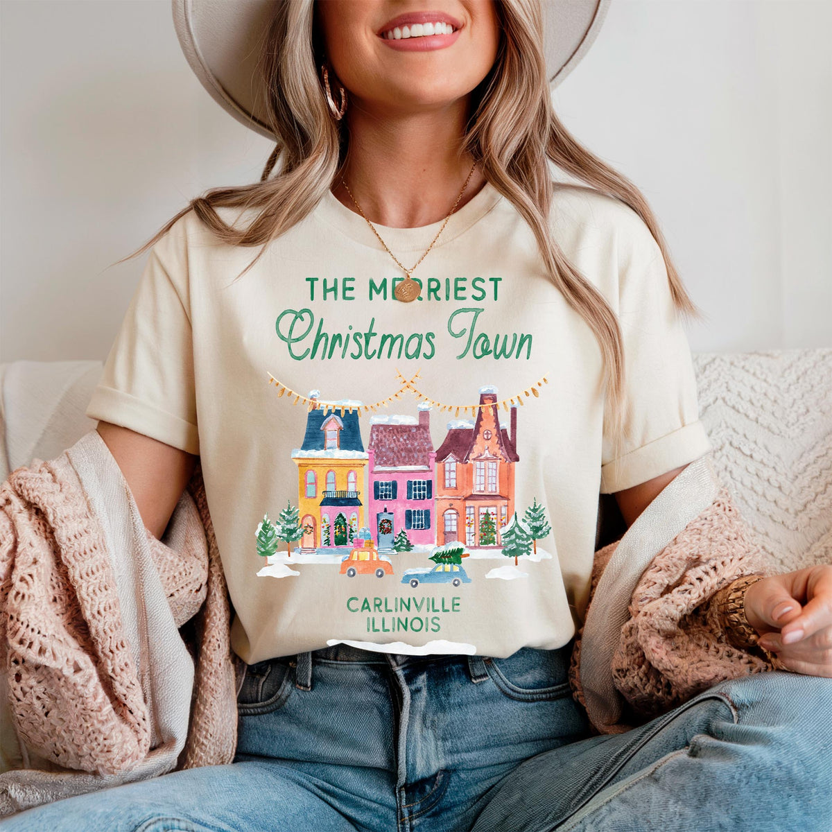 BELLA+CANVAS® T-Shirt Dust-The Merriest Christmas Town Carlinville Illinois -1