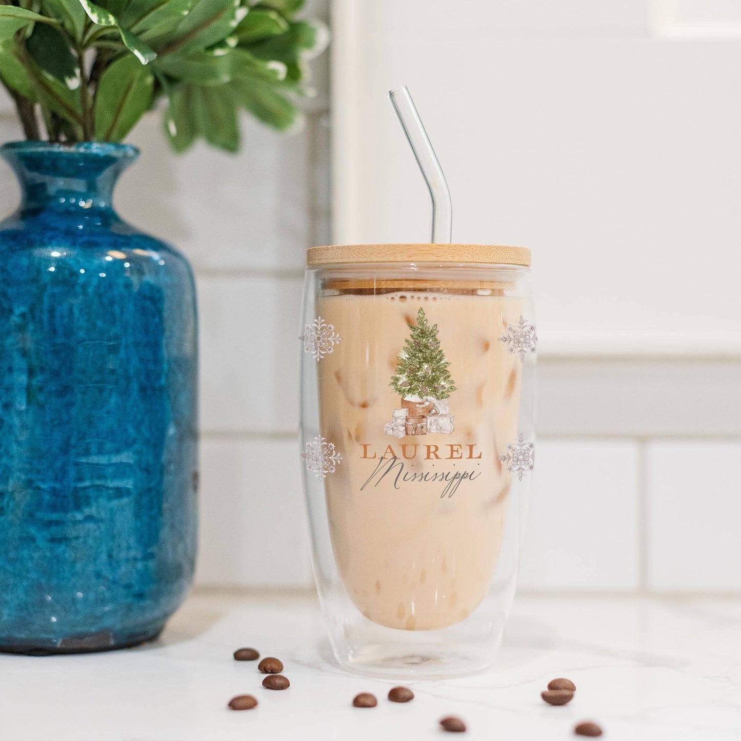 16oz Custom Insulated Glass Tumbler Christmas Cottage Tree