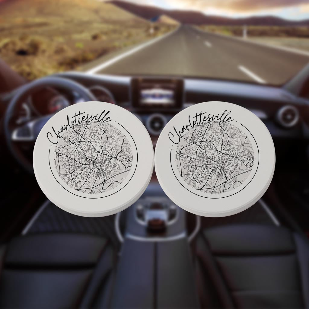 Minimalistic B&W Virginia Charlottesville Map| Absorbent Car Coasters | Set of 2 | Min 4