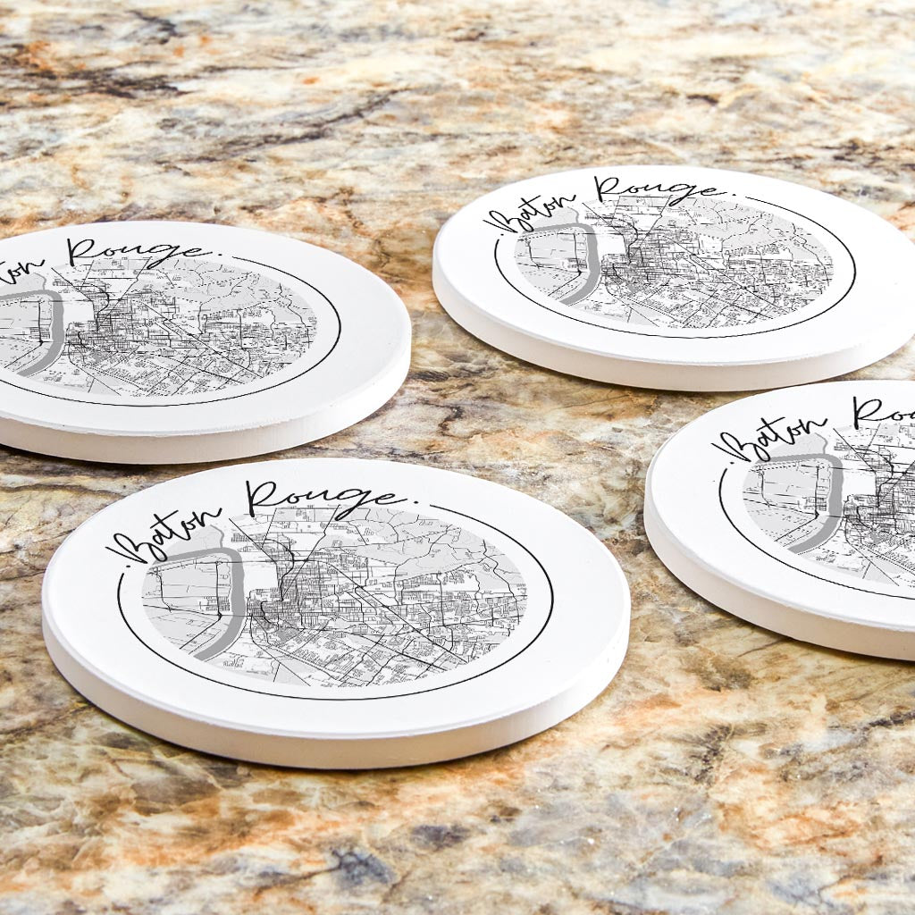 Minimalist B&W Louisiana Baton Rouge Circle Map | Absorbent Coasters | Set of 4 | Min 2