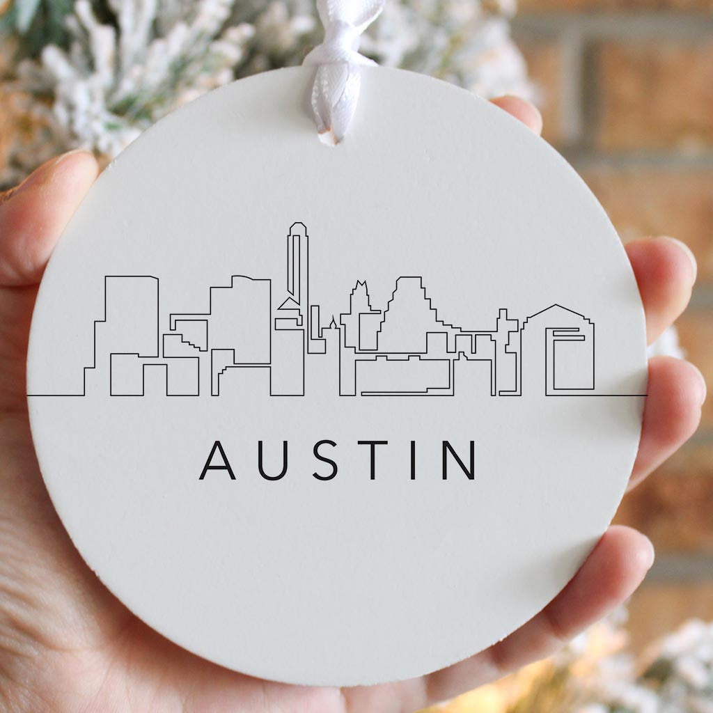 Minimalist B&W Texas Austin Skyline | Wood Ornament | Eaches | Min 6