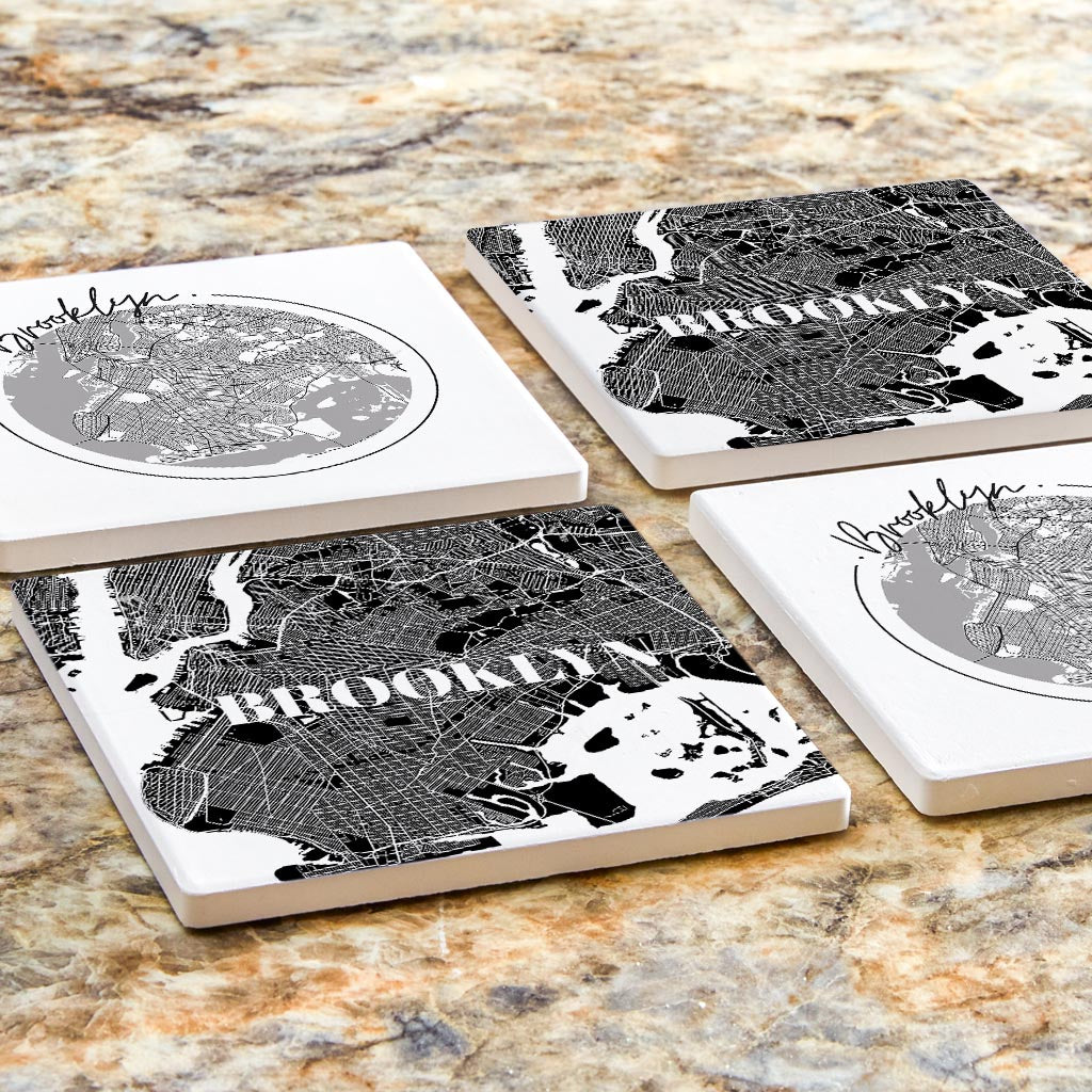Minimalistic B&W New York Brooklyn Maps | Absorbent Coasters | Set of 4 | Min 2