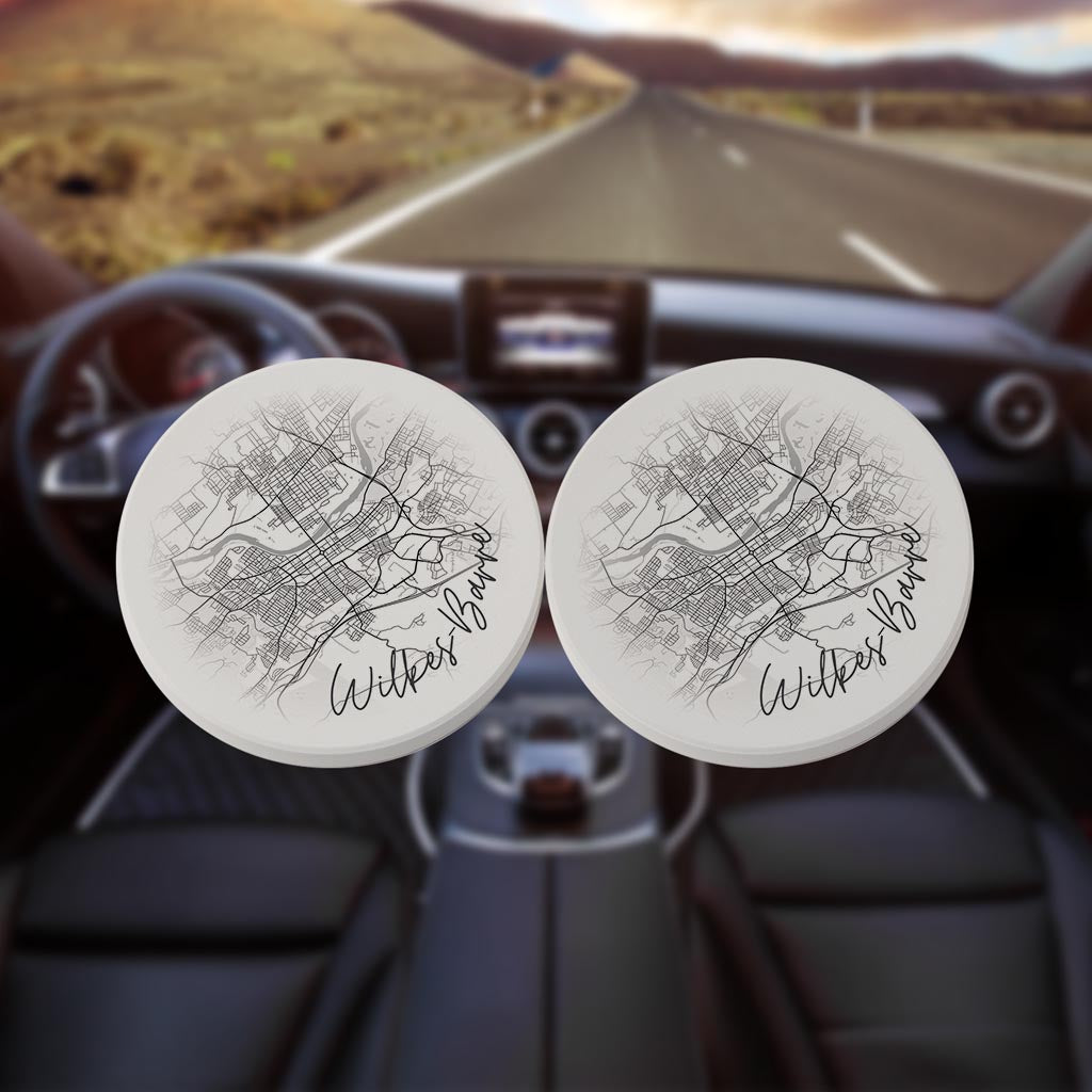 Minimalistic B&W Pennsylvania Wilkes Barre Circle Map | Absorbent Car Coasters | Set of 2 | Min 4