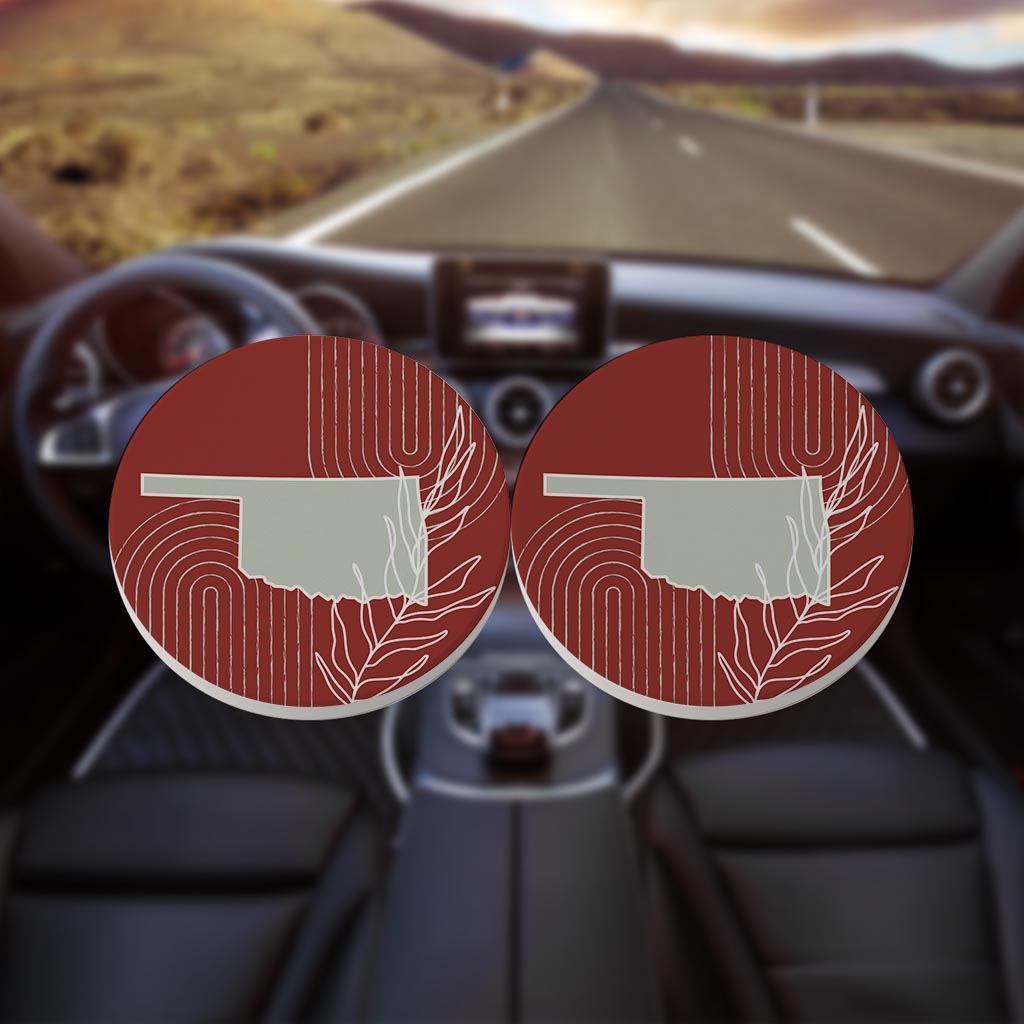 Modern Minimalist Oklahoma State Shape With Leaf | Absorbent Car Coasters | Set of 2 | Min 4