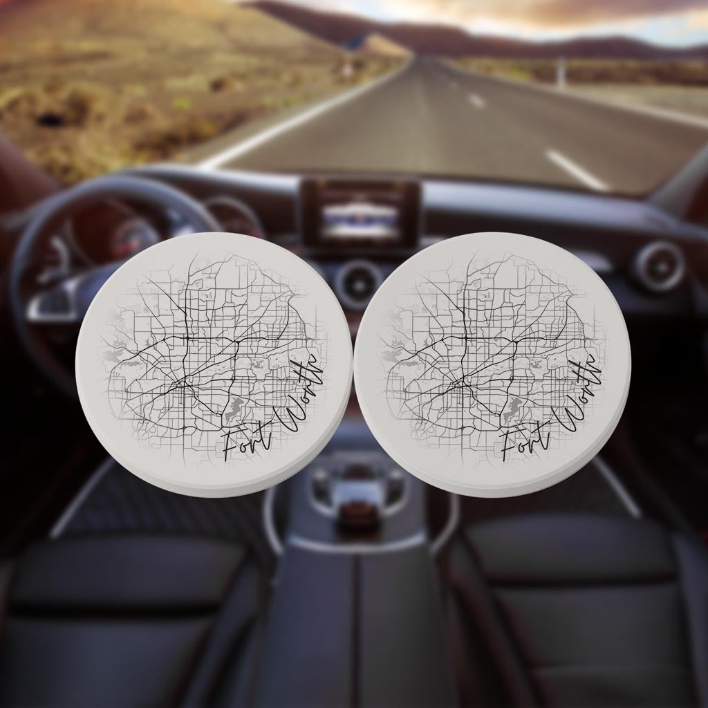 Minimalistic B&W Texas Fort Worth Circle Map | Absorbent Car Coasters | Set of 2 | Min 4