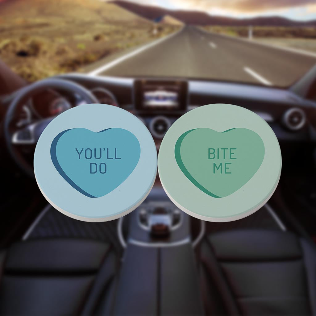 Funny Message Hearts Youll Do Bite Me| Absorbent Car Coasters | Set of 2 | Min 4