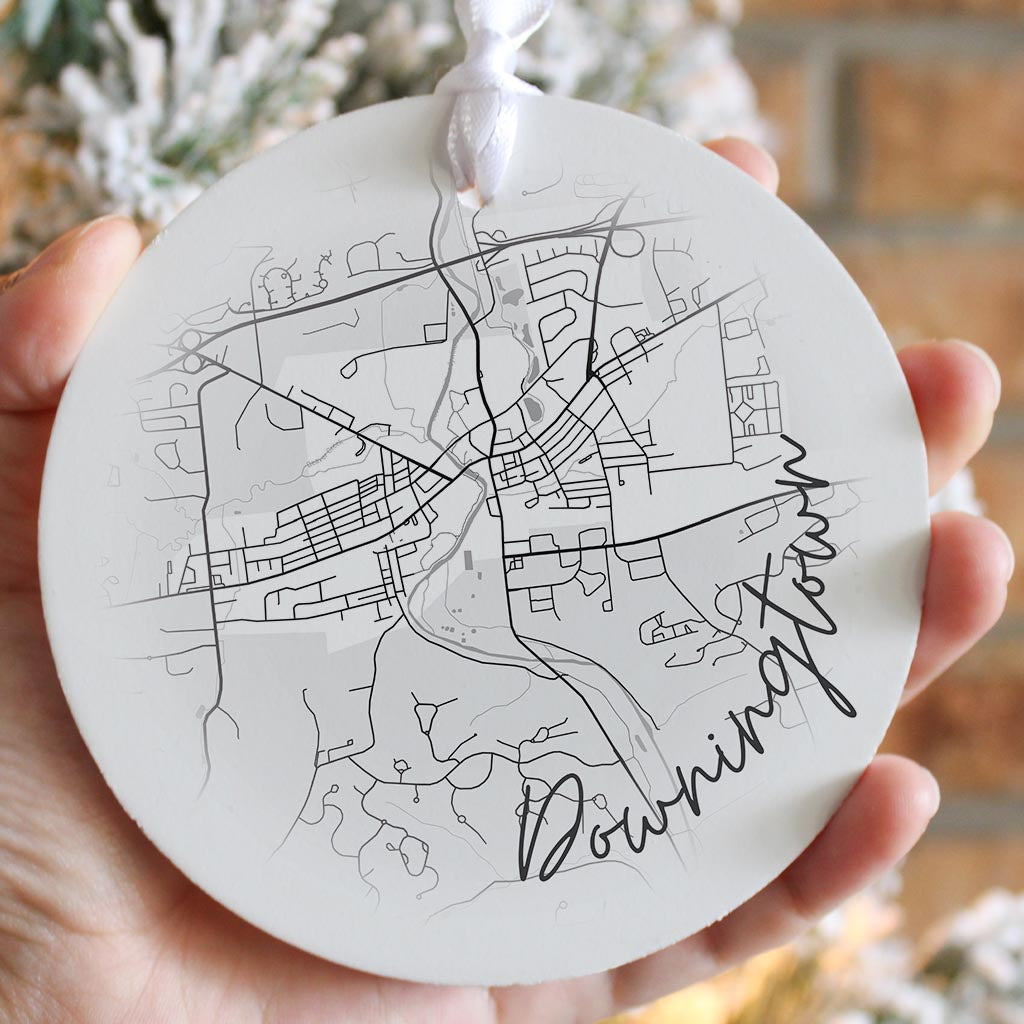 Minimalistic B&W Pennsylvania Downingtown Circle Map | Wood Ornament | Eaches | Min 6