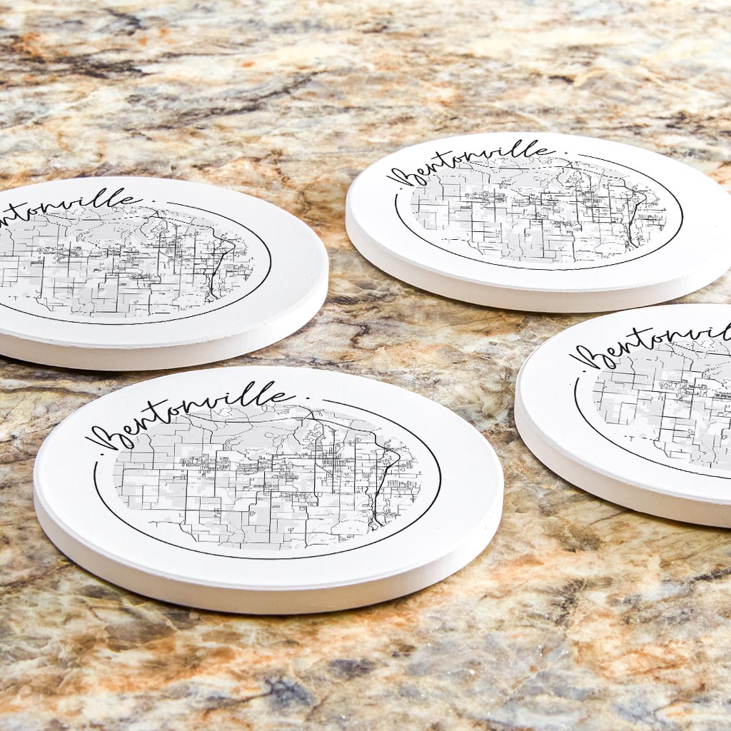 Minimalist B&W Arkansas Bentonville Circle Map | Absorbent Coasters | Set of 4 | Min 2