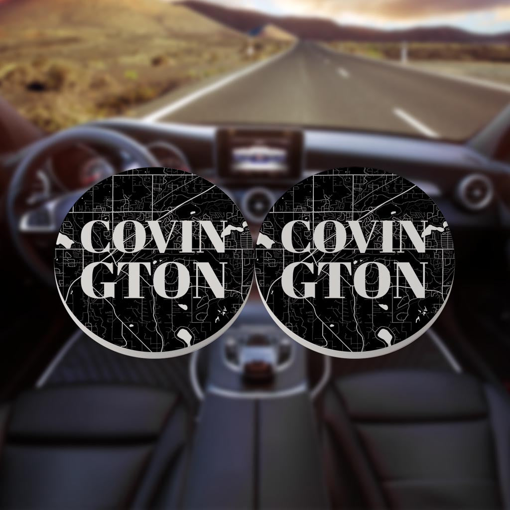 Minimalistic B&W Washington Covington Map | Absorbent Car Coasters | Set of 2 | Min 4
