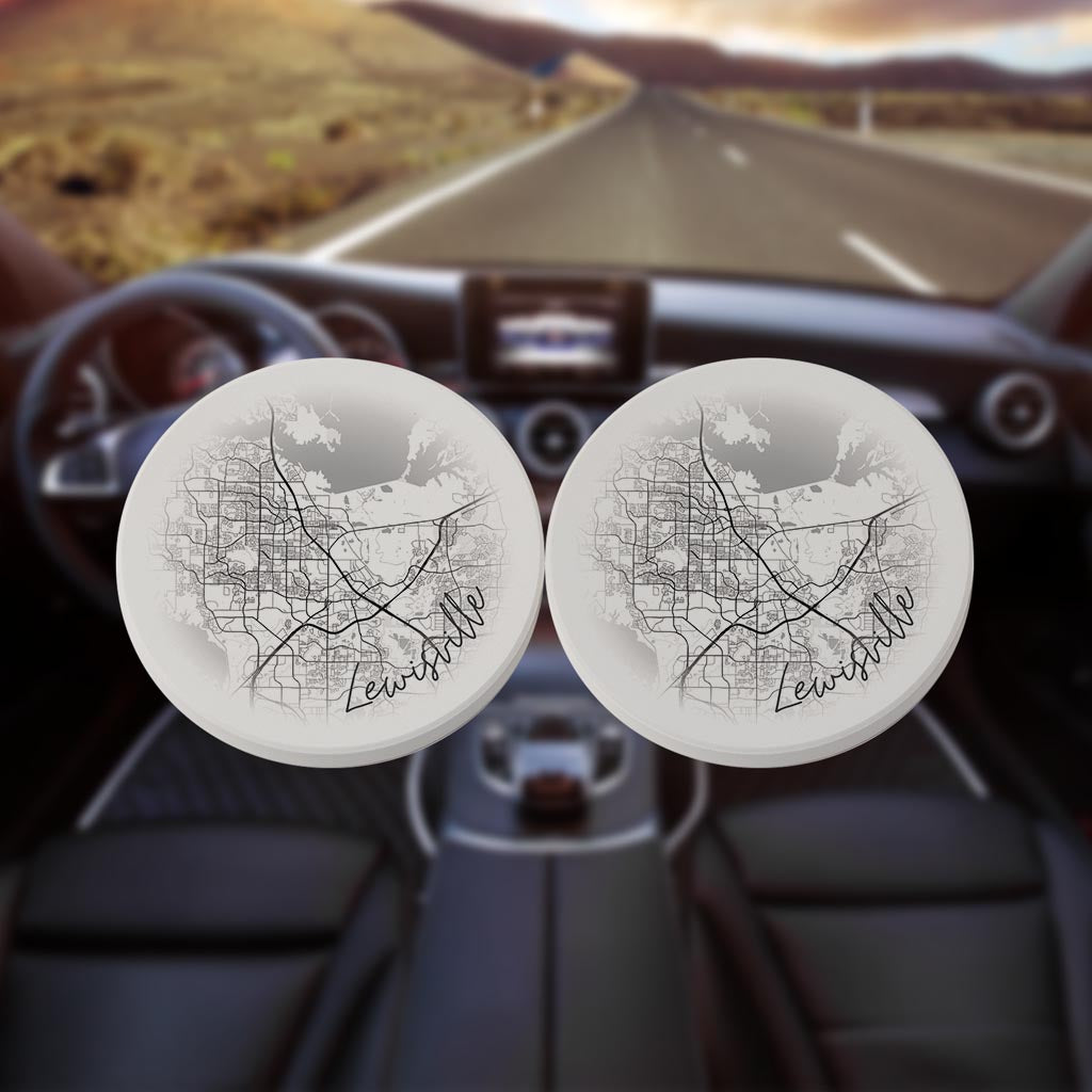 Minimalistic B&W Texas Lewisville Circle Map | Absorbent Car Coasters | Set of 2 | Min 4