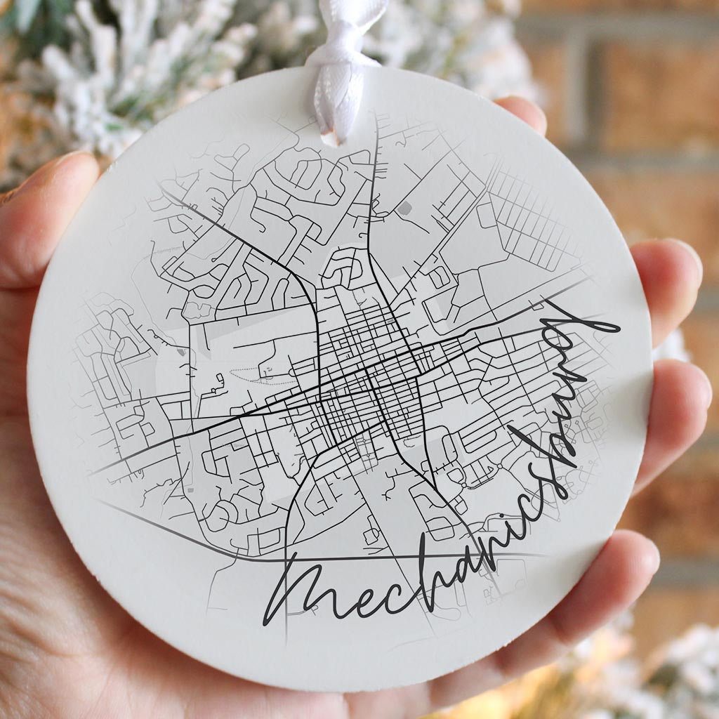 Minimalistic B&W Pennsylvania Mechanicsburg Circle Map| Wood Ornament | Eaches | Min 6