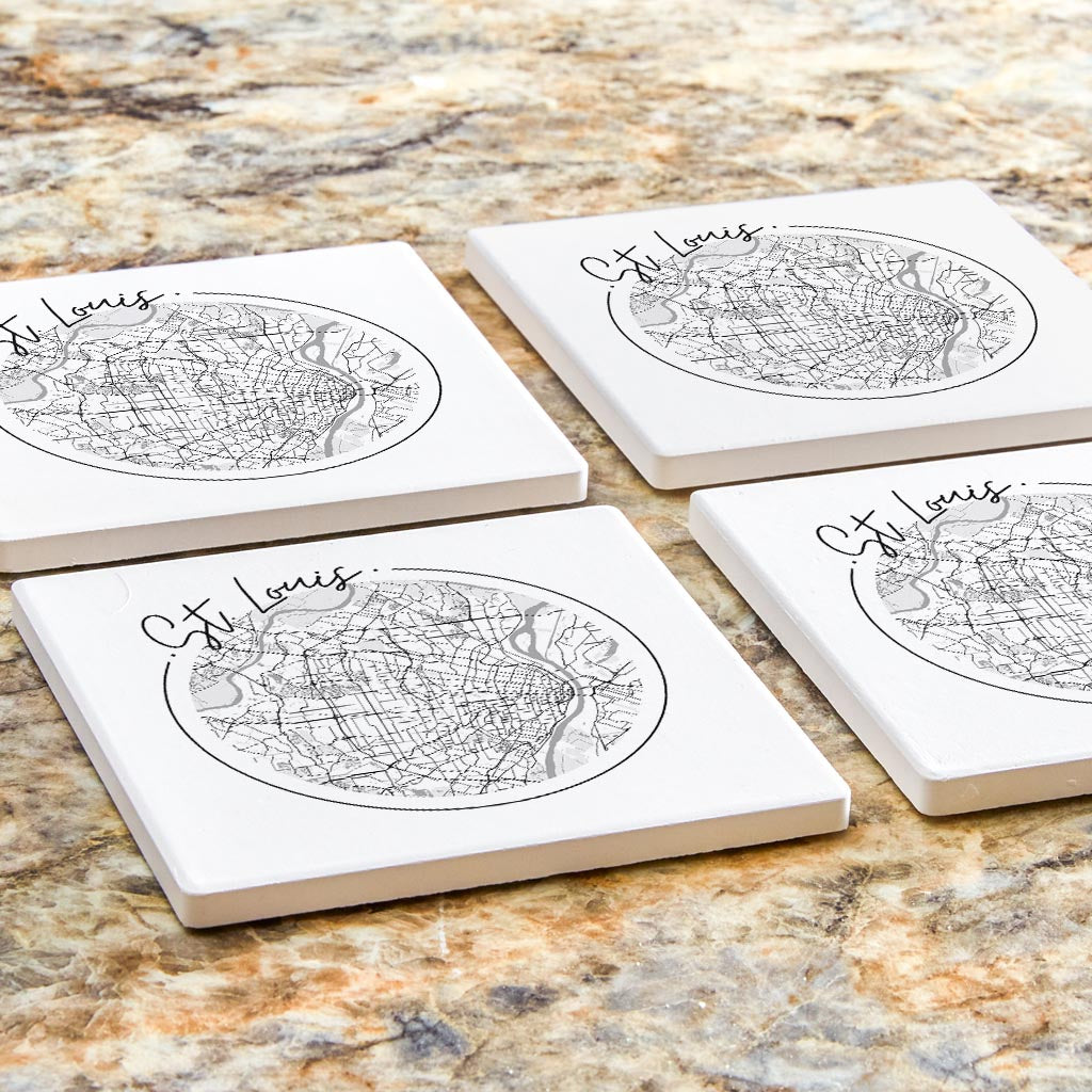 Minimalist B&W Missouri St Louis Circle Map | Absorbent Coasters | Set of 4 | Min 2