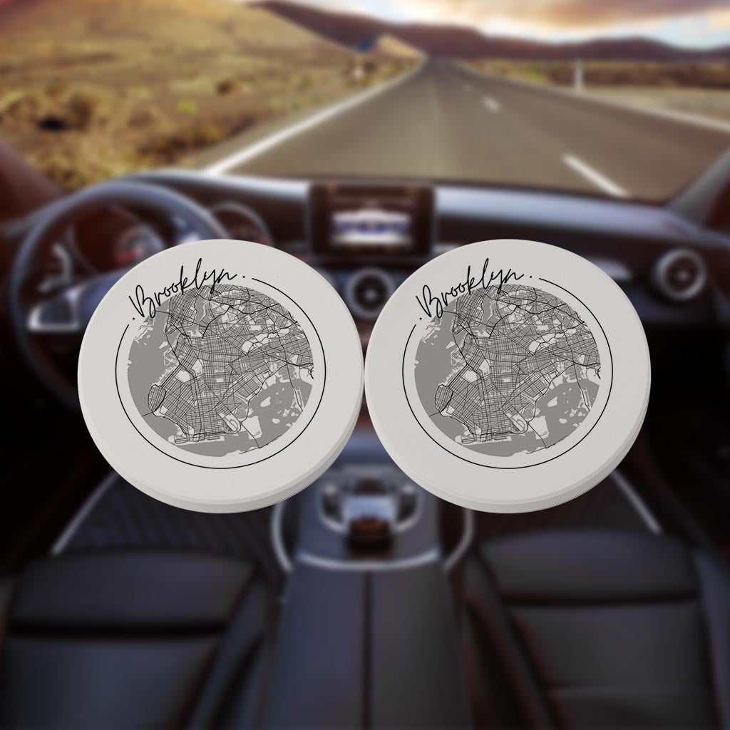 Minimalistic B&W New York Brooklyn Circle Map| Absorbent Car Coasters | Set of 2 | Min 4