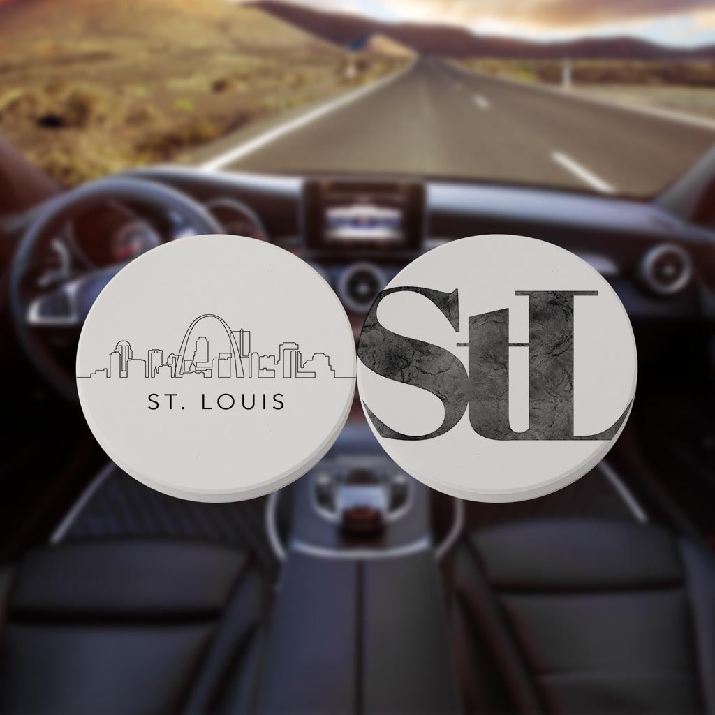 Minimalist B&W Missouri St Louis Skyline Line Stl| Absorbent Car Coasters | Set of 2 | Min 4
