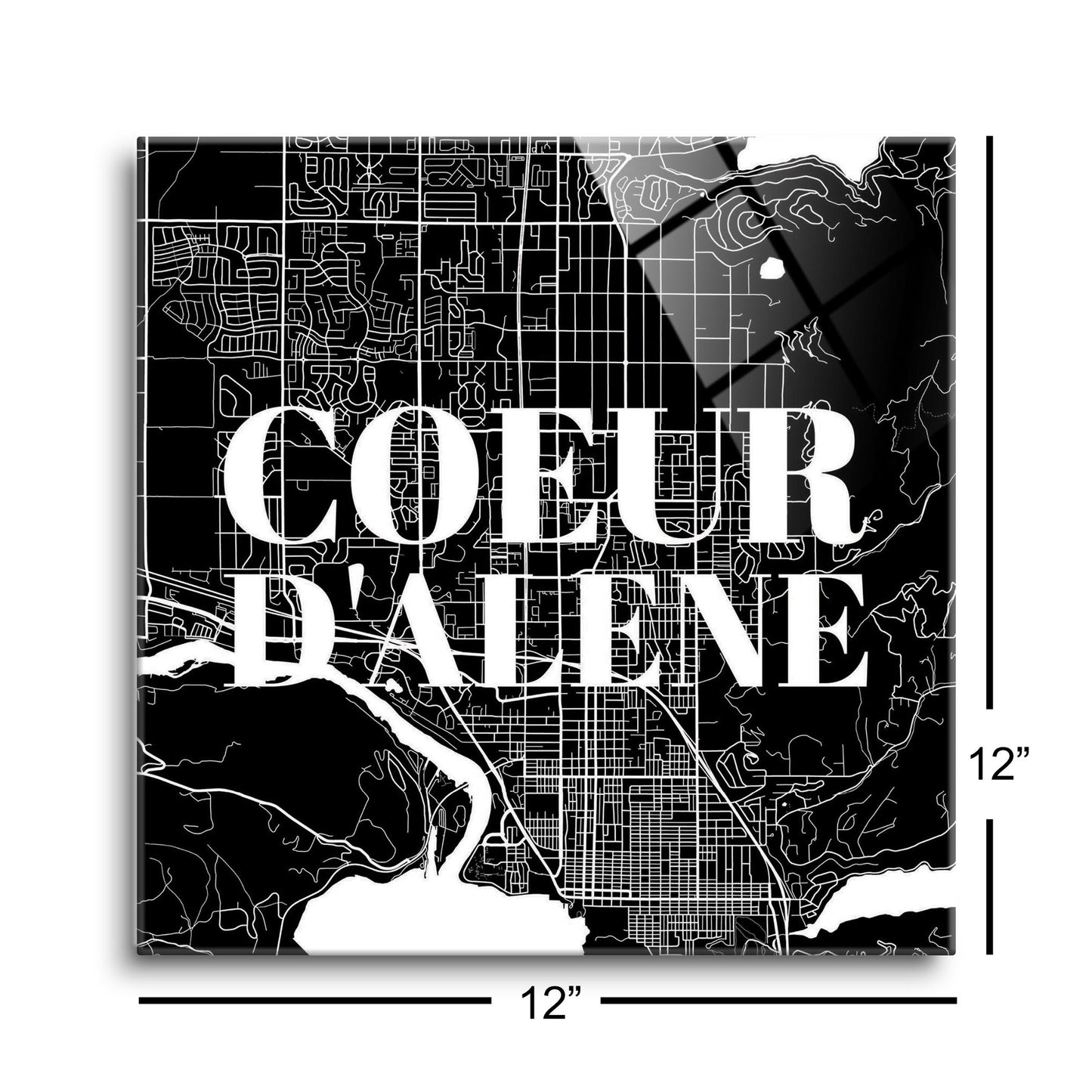 Minimalist B&W Idaho Coeur Dalene Map | Hi-Def Glass Art | Eaches | Min 1