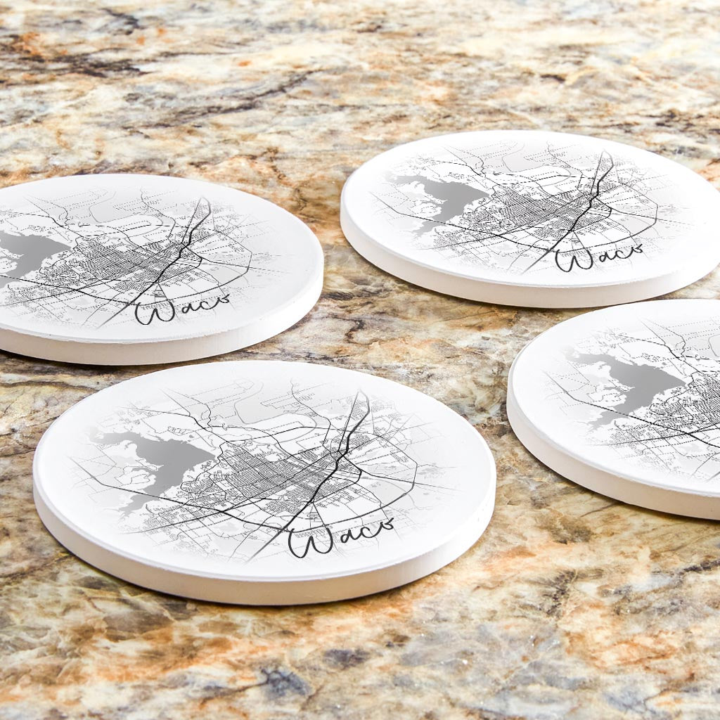 Minimalistic B&W Texas Waco Circle Map | Absorbent Coasters | Set of 4 | Min 2