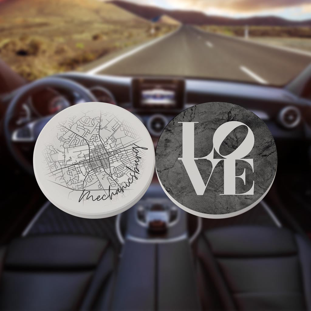 Minimalistic B&W Pennsylvania Mechanicsburg Circle Love| Absorbent Car Coasters | Set of 2 | Min 4