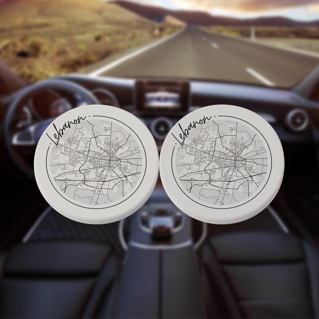 Minimalist B&W Tennessee Lebanon Circle Map | Absorbent Car Coasters | Set of 2 | Min 4