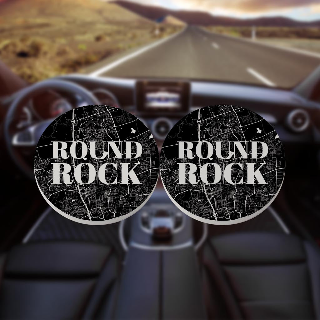 Minimalistic B&W Texas Round Rock Map | Absorbent Car Coasters | Set of 2 | Min 4