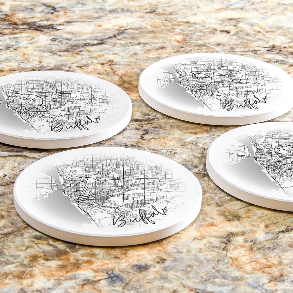 Minimalistic B&W New York Buffalo Faded Circle Map | Absorbent Coasters | Set of 4 | Min 2