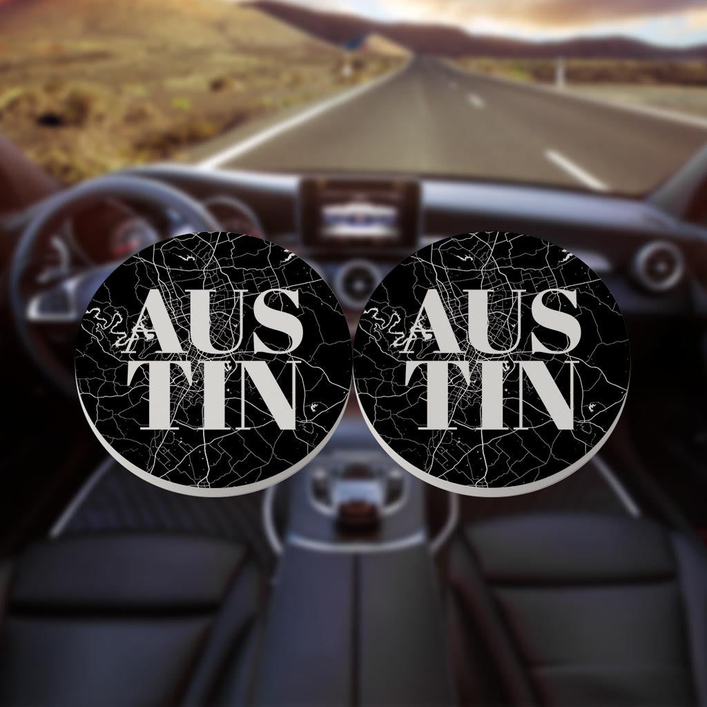 Modern Black Austin Map | Absorbent Car Coasters | Set of 2 | Min 4