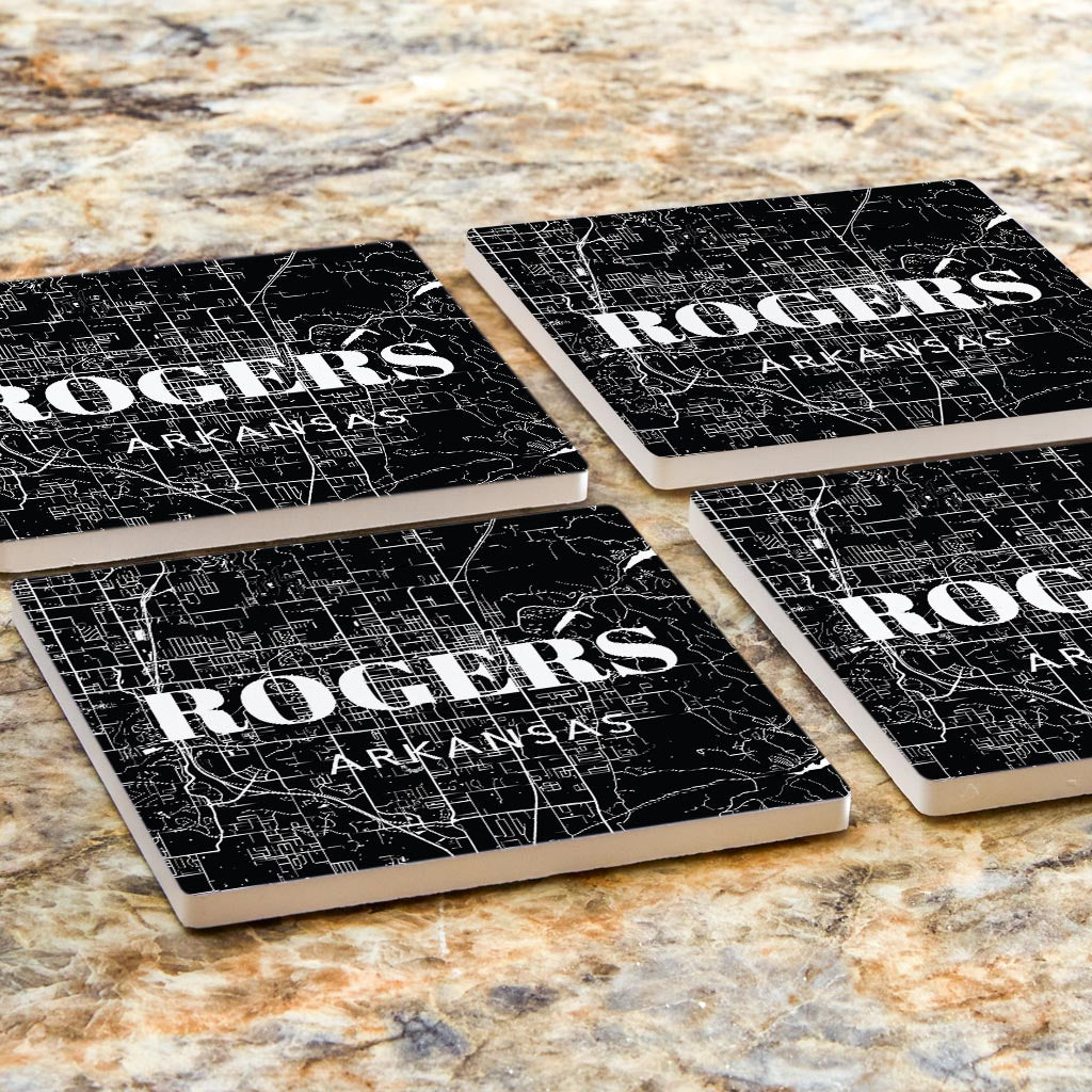 Minimalist B&W Arkansas Rogers Map State | Absorbent Coasters | Set of 4 | Min 2
