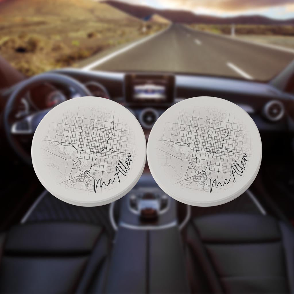Minimalistic B&W Texas Mcallen Circle Map | Absorbent Car Coasters | Set of 2 | Min 4