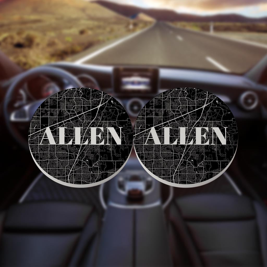 Minimalistic B&W Texas Allen Map | Absorbent Car Coasters | Set of 2 | Min 4