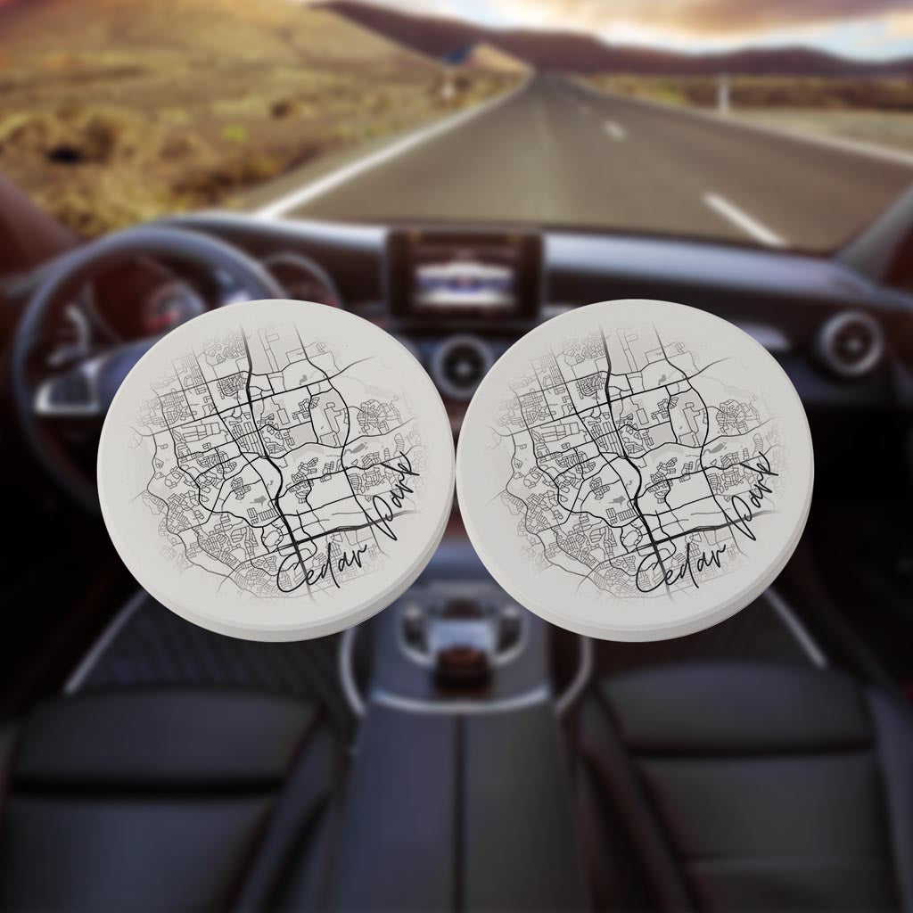 Minimalistic B&W Texas Cedar Park Circle Map | Absorbent Car Coasters | Set of 2 | Min 4