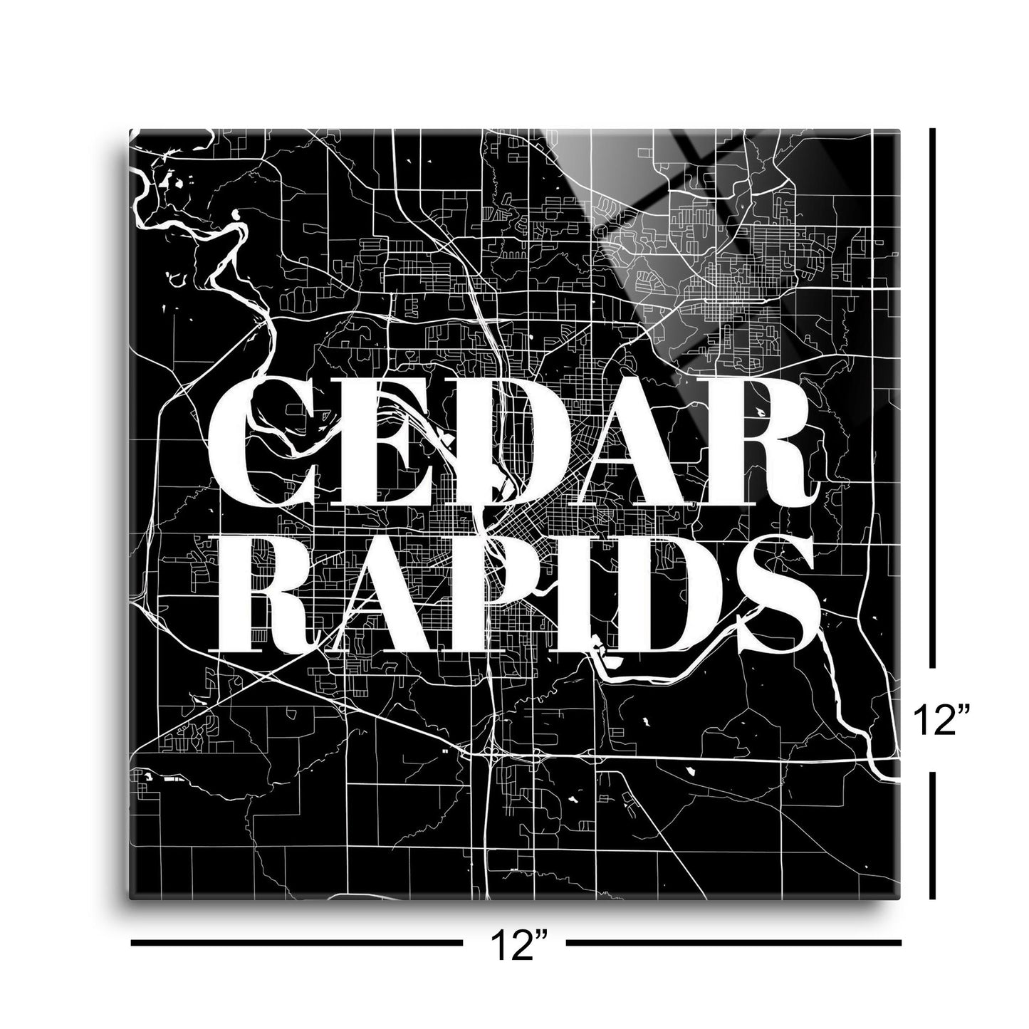 Minimalistic B&W Iowa Cedar Rapids Map | Hi-Def Glass Art | Eaches | Min 1
