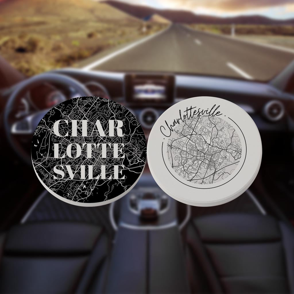 Minimalistic B&W Virginia Charlottesville Maps | Absorbent Car Coasters | Set of 2 | Min 4