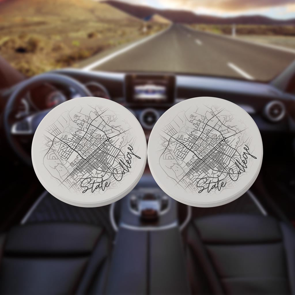 Minimalistic B&W Pennsylvania State College Circle Map | Absorbent Car Coasters | Set of 2 | Min 4