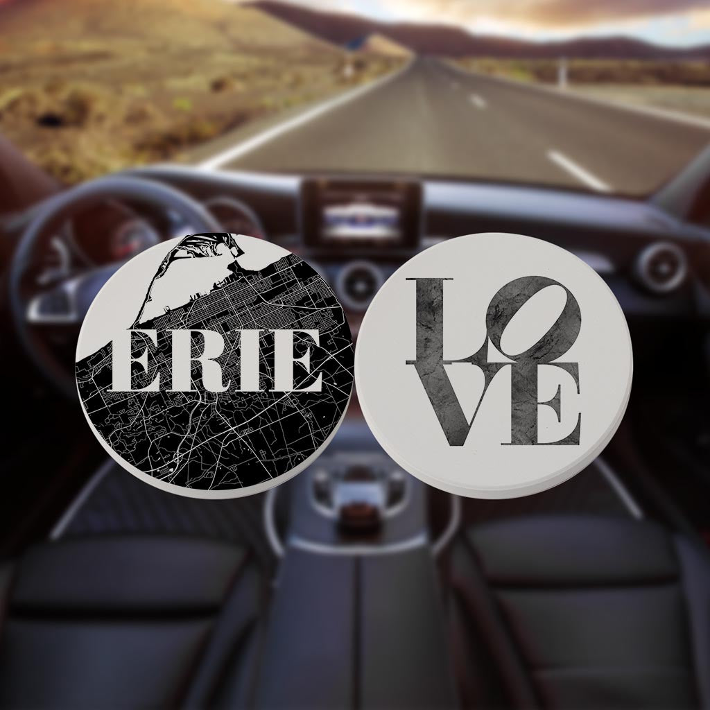 Minimalistic B&W Pennsylvania Erie Map Love| Absorbent Car Coasters | Set of 2 | Min 4
