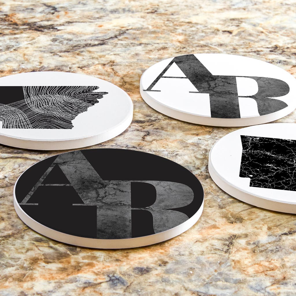 B&W Minimalist Arkansas Initials And State Shapes | Absorbent Coasters | Set of 4 | Min 2