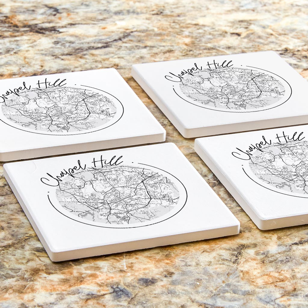 Minimalistic B&W North Carolina Chapel Hill Circle Map | Absorbent Coasters | Set of 4 | Min 2